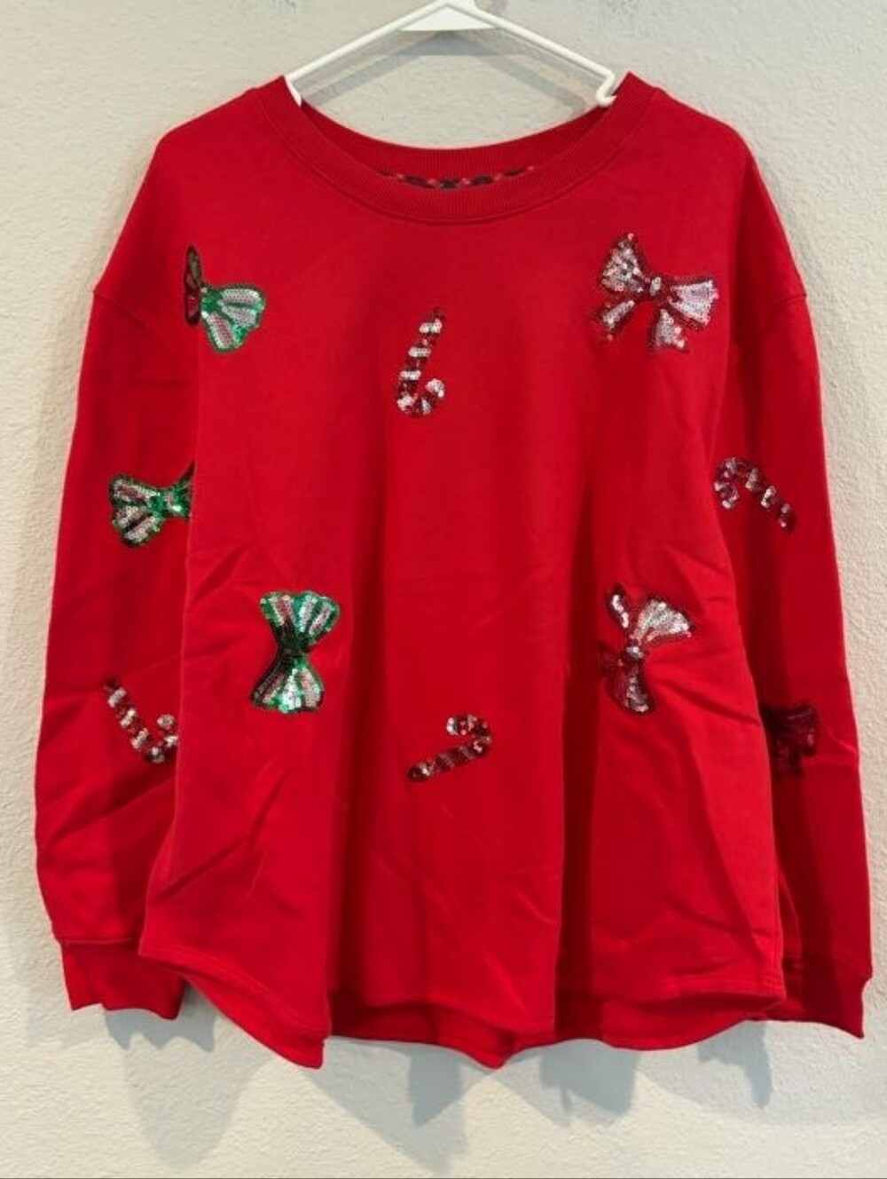 New Tru Self Womens Christmas Holiday Red Sequin Graphic Relaxed Sweatshirt 1X